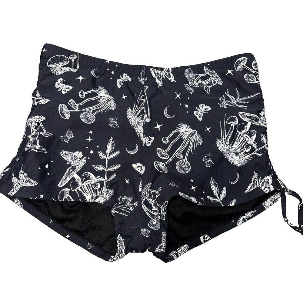 Hot Topic Bikini Bottom M Pin Up Mushroom Print Black White Drawstring Lined